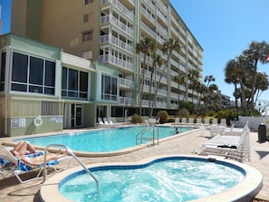 Large hot tub and pool, nicest grounds on the beach!  Pool heated Oct to May.