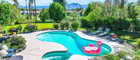 Gorgeous back yard pool with plenty of sun, shade and mountain views 