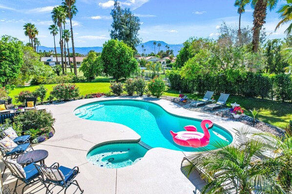 Gorgeous back yard pool with plenty of sun, shade and mountain views 