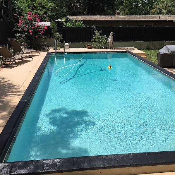 Full size lap pool well maintained. 6 ft privacy fence complete seclusion.