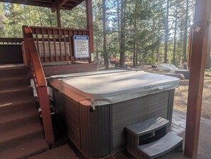 Hot tub with forest views.
