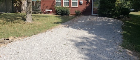 Front of cabin and garage.