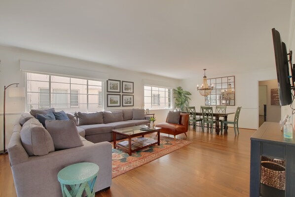 Terrific open floor plan with seating for everyone to enjoy a board game or movie on Netflix