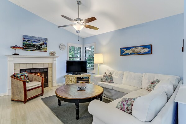 Living Area with Flat Screen TV and Fireplace