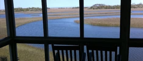 THE VIEW - Rocking Chairs looking North over 10,000 Acres of Creeks and Marsh