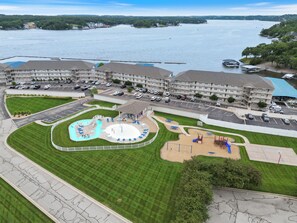 Aerial of Lazy River, Kids play Area. Our building is middle one in background.