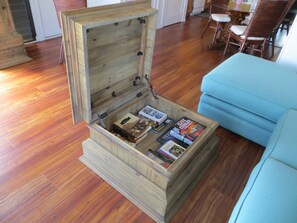 Lift-top coffee table with a wealth of local guide books.