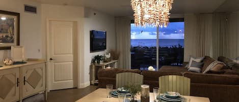 Dining area with beautiful views of the white sand beach and water!