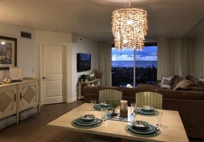 Dining area with beautiful views of the white sand beach and water!
