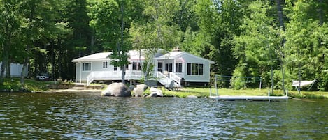 House from the water - private level setting with beach, play area, and dock