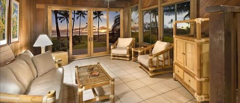 Living Room - Tile floors, bamboo furniture, and custom redwood throughout