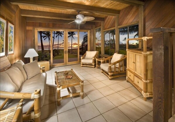 Living Room - Tile floors, bamboo furniture, and custom redwood throughout