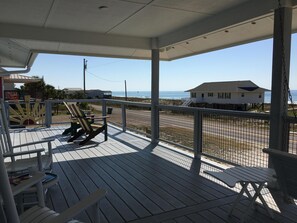 Large Front Deck with ocean views and sun dog-gate.
