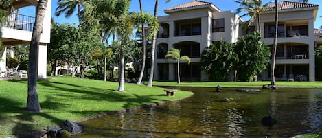 Beautifully maintained grounds and Koi ponds at Shores at Waikoloa.