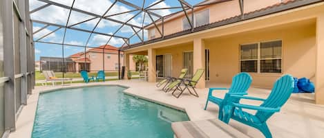 Private pool with covered lanai and child safety pool fence