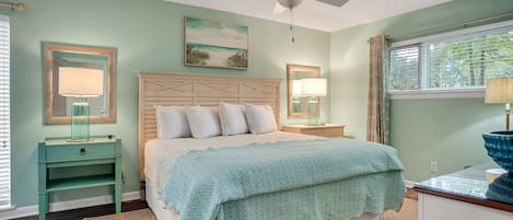 Master bedroom upstairs with King bed and view of Harbour Town Golf Links
