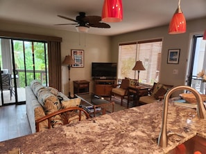 View from kitchen to living area. Cable TV and wireless internet provided.