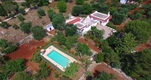 Aerial view of land, pool, veranda and house