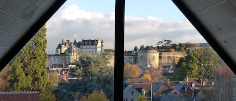 Vue historique depuis la pièce principale grâce à la façade entièrement vitrée.