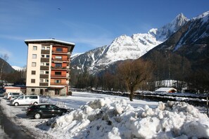 Vue sur immeuble et Aiguille Verte