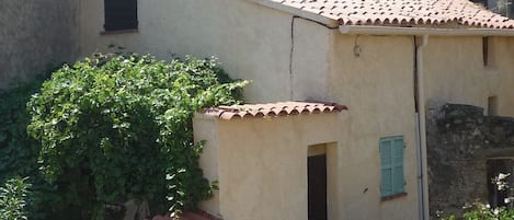 Vue de la maison : on aperçoit la treille ombragée de la terrasse.