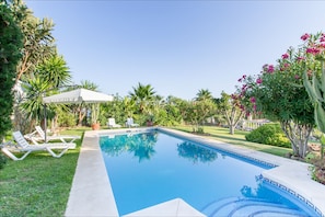 Pool and garden, with deck chairs, sea view & shady pingpong corner on the back