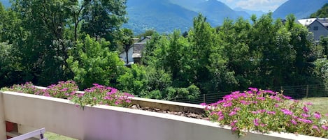 balcon avec panorama sur les montagnes et la rivière