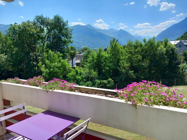 balcon avec panorama sur les montagnes et la rivière