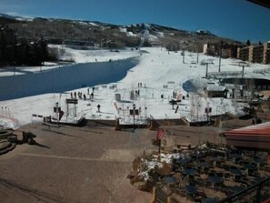 Snowmass Base Village view when coming out of building in the winter