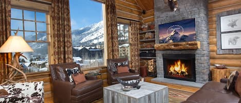 Great room picture window views ski mountain, 65" TV, gas burning fireplace