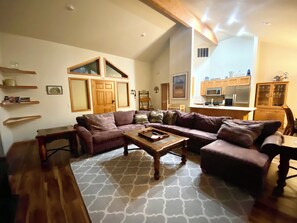 Comfy sectional perfect for hanging out or watching TV with Gas fireplace or A/C