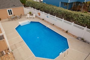 Solar Heated Pool, Outside Living Space with 2 Patio Tables, 15 Chairs, 3 Stools