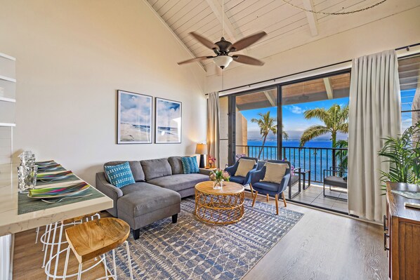 Relax in our newly updated living room while listening to the ocean breeze. 