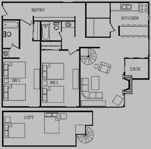 Ski Watch Floor Plan, 2 bedrooms, 2 bathrooms plus loft. Enter upper left 
