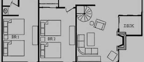 Ski Watch Floor Plan, 2 bedrooms, 2 bathrooms plus loft. Enter upper left 