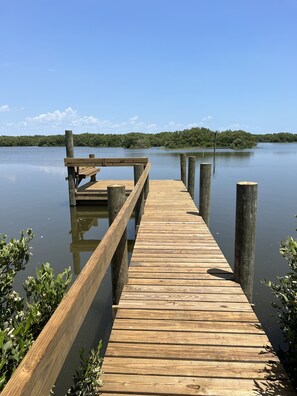 New dock with seating and fish cleaning station. 