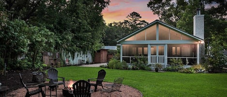 Fire pit with seating for six