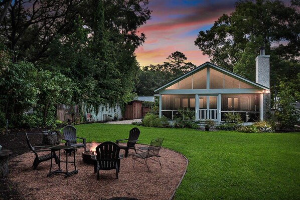 Fire pit with seating for six