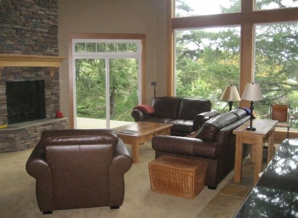 Living Room with stone fireplace and views.