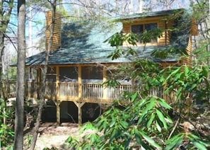 Screened porch, along creek beside cabin