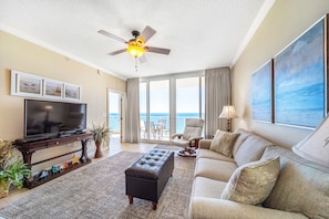 Living room looks out at the Gulf
