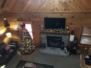 View from upstairs of living room at Christmas 
