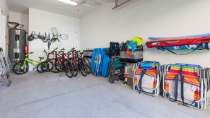 Garage full of beach gear and bikes