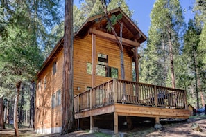 View of front of cabin with deck and gas grill