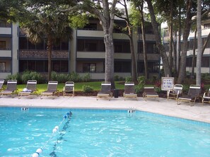 Our unit is top right 2 balconies overlooking pool.