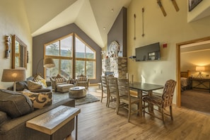 Main Great Room--50' TV, fireplace, Queen foldout, ski run view, & private deck.