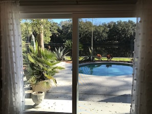 Views of pool and lagoon from livingroom and dining areas.