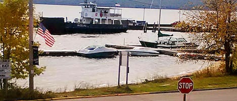 Wonderful view of the ferry landing and the lake from the living room.