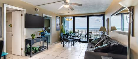 Living room with beautiful beach views.