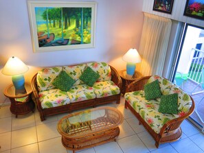 Living room with view overlooking 7 mile beach